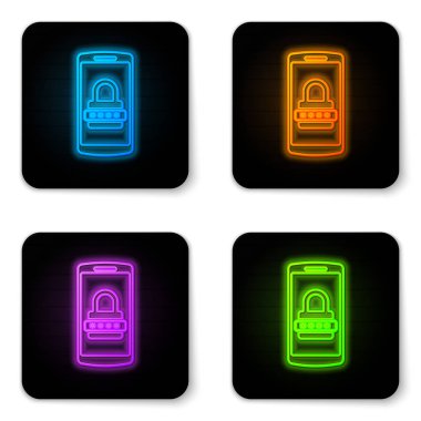 Beyaz arka planda yalıtılmış parlayan neon Cep telefonu ve parola koruma simgesi. Güvenlik, güvenlik, kişisel erişim, kullanıcı izni, gizlilik. Siyah kare düğme. Vektör İllüstrasyonu