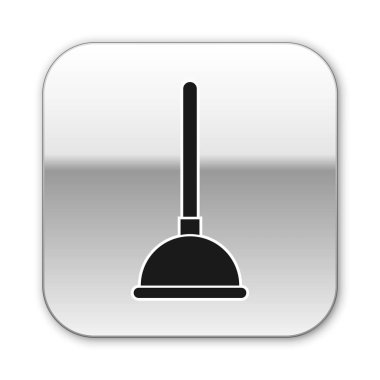 Boru temizleme ikonu için tahta saplı siyah kauçuk pompa beyaz arka planda izole edilmiş. Tuvalet pompası. Gümüş kare düğme. Vektör İllüstrasyonu