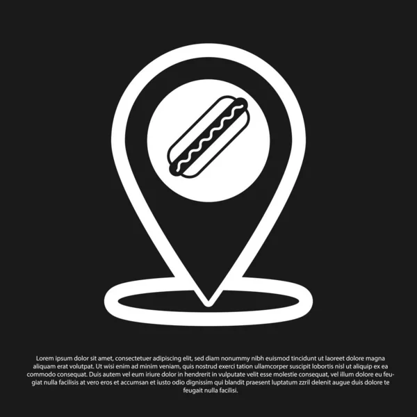 Puntatore mappa nera con icona hot dog fast food isolato su sfondo nero. Icona della salsiccia. Illustrazione vettoriale — Vettoriale Stock