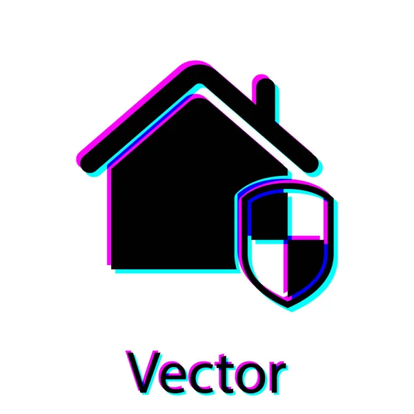 Black House sob ícone de proteção isolado no fundo branco. Casa e escudo. Protecção, segurança, segurança, protecção, conceito de defesa. Ilustração vetorial — Vetor de Stock