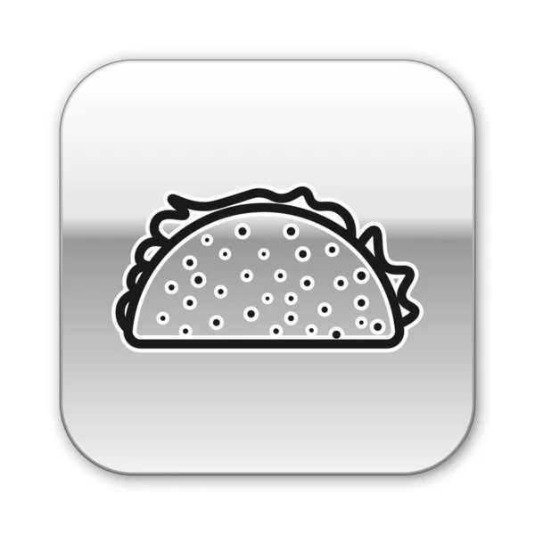 Taco noir avec icône tortilla isolée sur fond blanc. Restauration rapide mexicaine traditionnelle. Bouton carré argenté. Illustration vectorielle — Image vectorielle