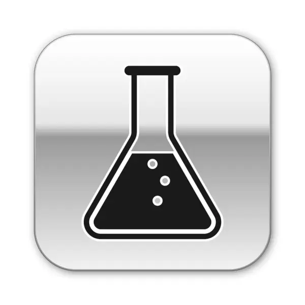 黑色试管和烧瓶 - 化学实验室测试图标隔离在白色背景上。银色方形按钮。矢量插图 — 图库矢量图片
