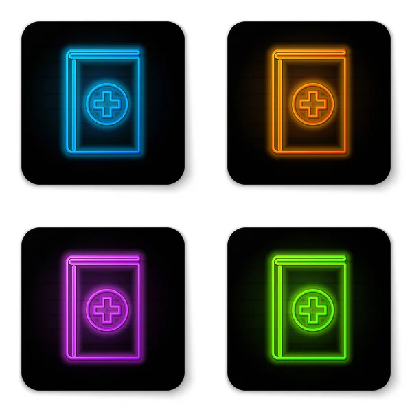 Glowing neon Medical book icon isolated on white background. Black square button. Vector Illustration — Stock Vector
