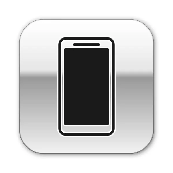 Czarny smartphone, ikona telefonu komórkowego na białym tle. Srebrny kwadrat przycisk. Ilustracja wektorowa — Wektor stockowy