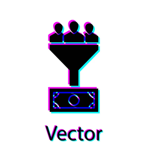 Ícone de gerenciamento de chumbo preto isolado no fundo branco. Um funil com pessoas, dinheiro. Objetivo conceito de negócio do cliente. Ilustração vetorial — Vetor de Stock