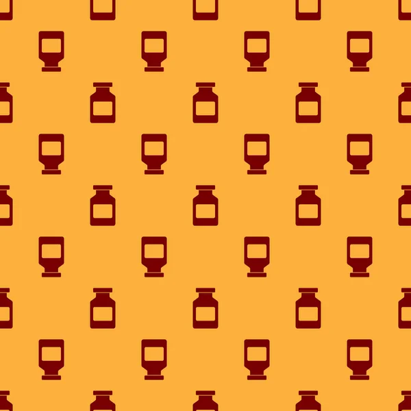 Rote Medizinflasche Symbol isoliert nahtlose Muster auf braunem Hintergrund. Flaschentabletten-Schild. Apothekendesign. Vektorillustration — Stockvektor