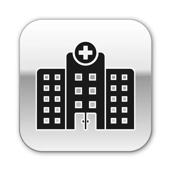 Чорна медична лікарня з перехресної іконою, ізольованою на білому фоні. Медичний центр. Охорона здоров'я. Срібна квадратна кнопка. Векторна ілюстрація — стоковий вектор