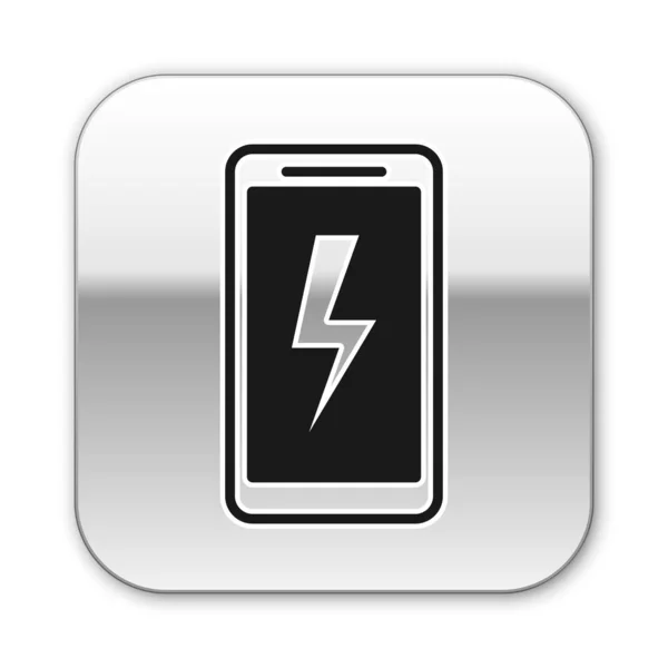 Czarny smartphone ładowania ikona baterii na białym tle. Telefon z niskim naładowaniu baterii. Srebrny kwadrat przycisk. Ilustracja wektorowa — Wektor stockowy