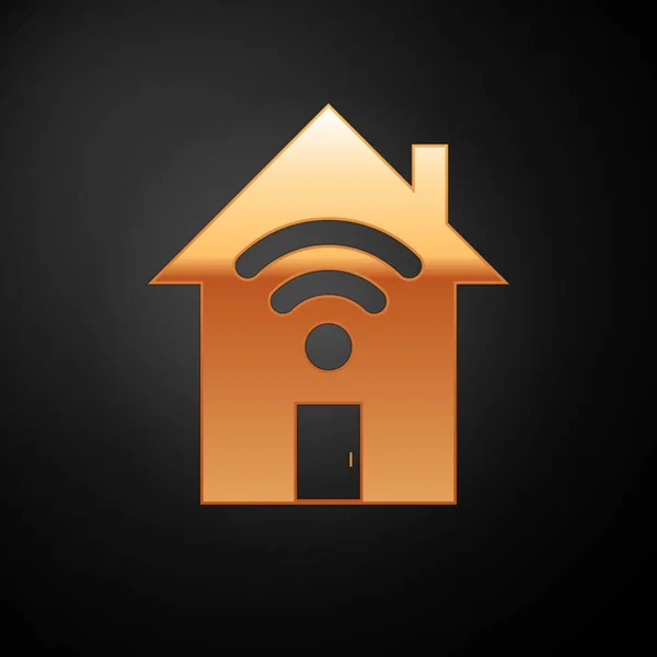 Gold Smart Home mit Wi-Fi-Symbol isoliert auf schwarzem Hintergrund. Fernbedienung. Vektorillustration — Stockvektor