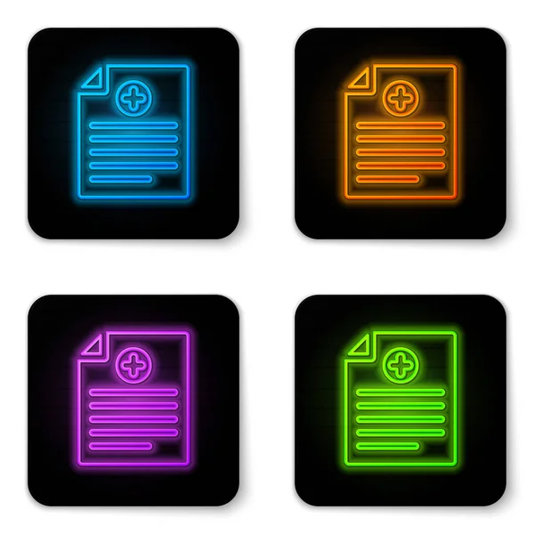 Glowing neon Medical clipboard with clinical record icon isolated on white background. Health insurance form. Prescription, medical check marks report. Black square button. Vector Illustration — Stock Vector