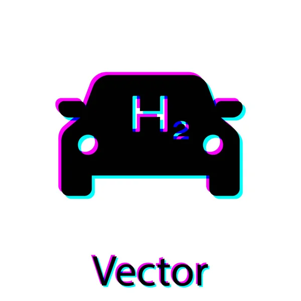 Icono de coche de hidrógeno negro aislado sobre fondo blanco. Señal de la estación H2. Coche de pila de combustible de hidrógeno respetuoso con el medio ambiente cero emisiones. Ilustración vectorial — Vector de stock