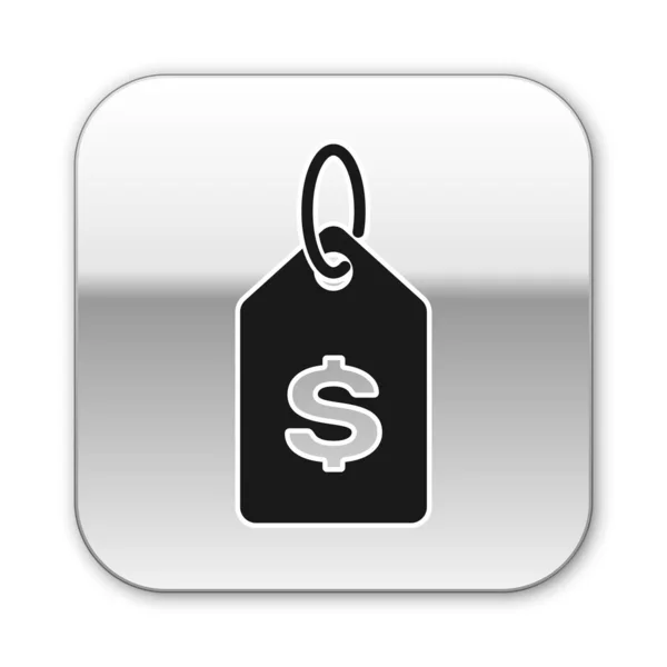 Black Price tag com ícone de dólar isolado no fundo branco. Distintivo por preço. Venda com símbolo de dólar. Desconto de marca promocional. Botão quadrado de prata. Ilustração vetorial — Vetor de Stock