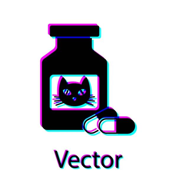 Bouteille de médicament Black Cat et icône de pilules isolées sur fond blanc. Conteneur avec pilules. Médicaments sur ordonnance pour animaux. Illustration vectorielle — Image vectorielle