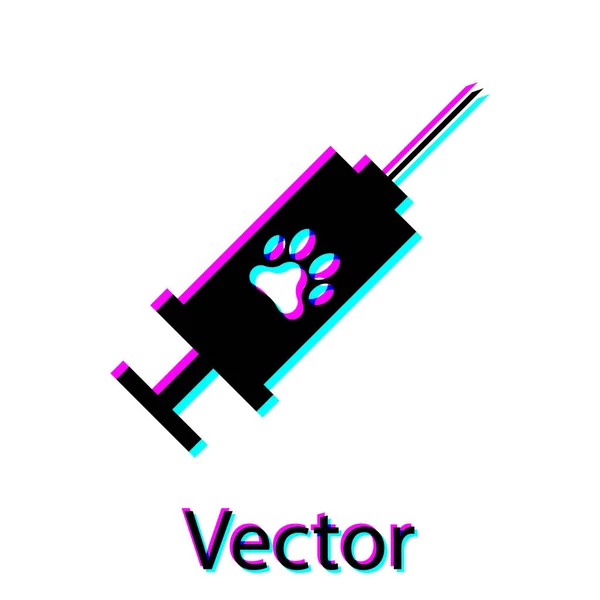 Jeringa negra con icono de vacuna para mascotas aislada sobre fondo blanco. Huella de pata de perro o gato. Ilustración vectorial — Vector de stock