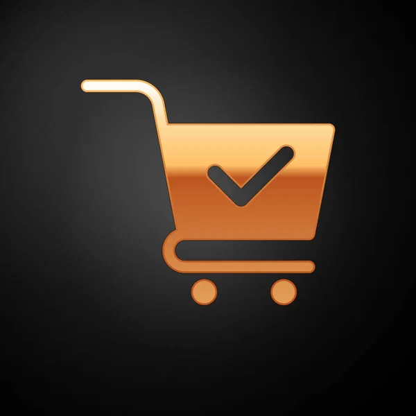 Gold Shopping cart with check mark icon isolated on black ground. Корзина супермаркета с утвержденным, подтвердить, сделать, клещ, завершенный символ. Векторная миграция — стоковый вектор