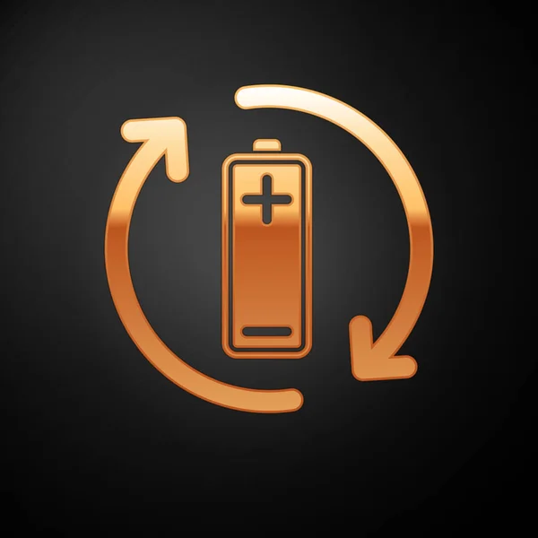 Goldene Batterie mit Recycling-Symbol Linie Symbol isoliert auf schwarzem Hintergrund. Batterie mit Recycling-Symbol - Konzept für erneuerbare Energien. Vektorillustration — Stockvektor
