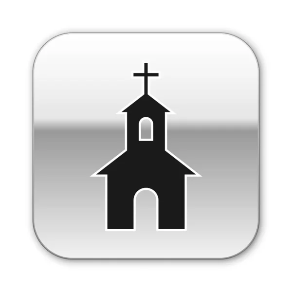 검은 교회 건물의 아이콘은 흰 배경에서 분리되었습니다. 기독교 교회. 교회의 종교. 은색 네모 단추. 사기적 인 예 — 스톡 벡터
