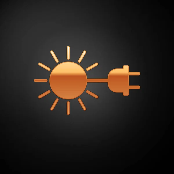 Gold Sun with electric plug icon isolated on black background. Energy saving concept. Vector Illustration — Stock Vector