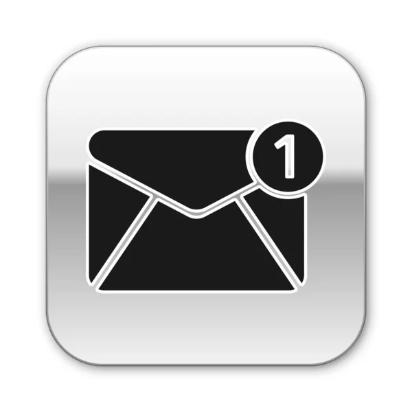 흰색 배경에 격리된 검은색 봉투 아이콘입니다. 수신된 메시지 개념입니다. 새로운, 이메일 수신 메시지, SMS. 메일 편 배송 서비스. 실버 스퀘어 버튼. 벡터 일러스트레이션 — 스톡 벡터