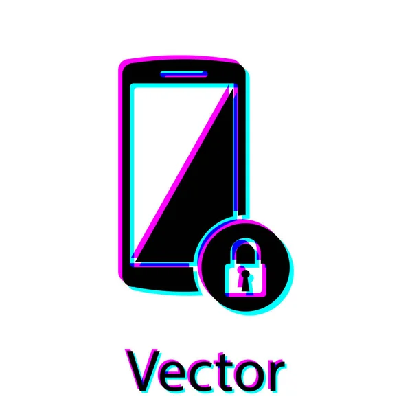 Smartphone negro con icono de candado cerrado aislado sobre fondo blanco. Teléfono con llave. Seguridad móvil, seguridad, concepto de protección. Ilustración vectorial — Vector de stock