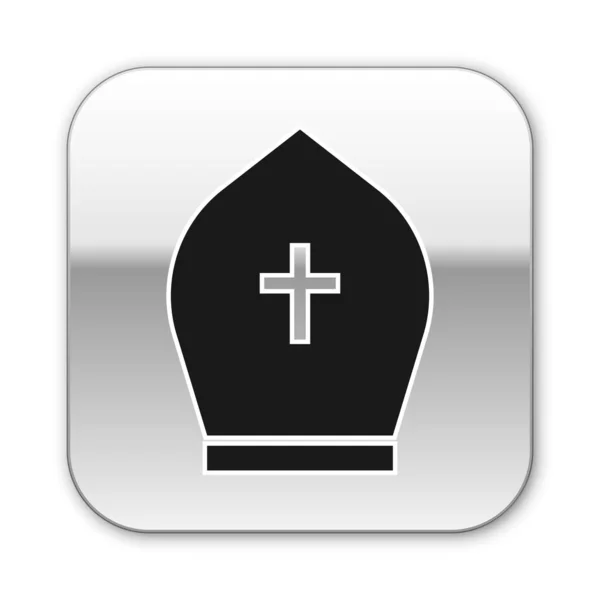 Černý papežský klobouček, izolovaný na bílém pozadí. Znak křesťanského klobouku. Stříbrné čtvercové tlačítko. Vektorová ilustrace — Stockový vektor
