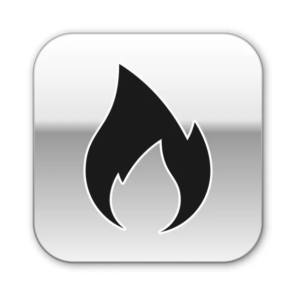 Black Fire flame icon isolated on white background. Heat symbol. Silver square button. Vector Illustration — Stock Vector