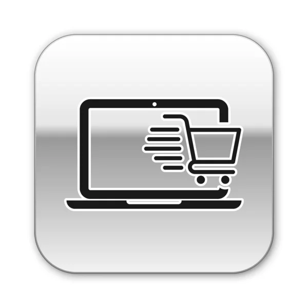 Zwarte winkelwagen op het scherm laptop pictogram geïsoleerd op witte achtergrond. Concept e-commerce, e-business, Online Business marketing. Zilveren vierkante knop. Vector illustratie — Stockvector