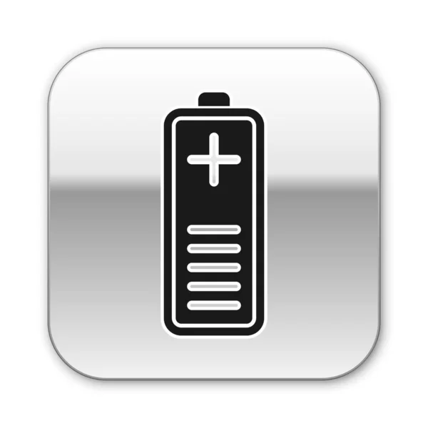 Zwarte batterij laadniveau indicator pictogram geïsoleerd op witte achtergrond. Zilveren vierkante knop. Vector illustratie — Stockvector