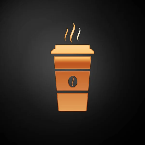 Gouden koffie kopje pictogram geïsoleerd op zwarte achtergrond. Wegwerp koffiekop met warme koffie. Vector illustratie — Stockvector