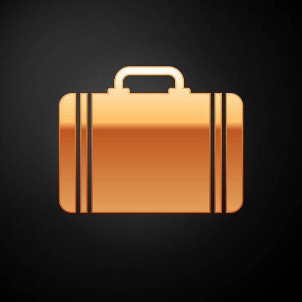 Gold Suitcase for travel icon isolated on black background. Traveling baggage sign. Travel luggage icon. Vector Illustration