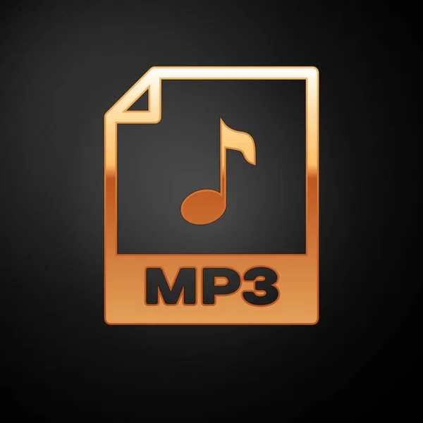 골드 Mp3 파일 문서 아이콘입니다. 검은 색 배경에 격리 MP3 버튼 아이콘을 다운로드합니다. Mp3 음악 형식 기호입니다. Mp3 파일 기호. 벡터 일러스트레이션 — 스톡 벡터