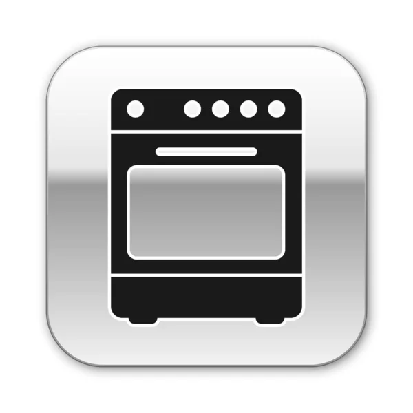 白い背景に隔離された黒いオーブンのアイコン。ストーブガスオーブンサイン。シルバーの正方形のボタン。ベクトルイラストレーション — ストックベクタ