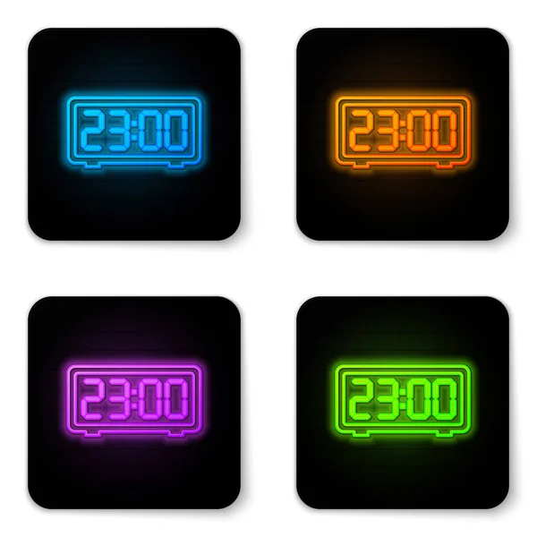 Brilhante neon Retro flip clock ícone isolado no fundo branco. Relógio de aba de parede, modelo de contador de números, todos os dígitos com flips. Botão quadrado preto. Ilustração vetorial — Vetor de Stock