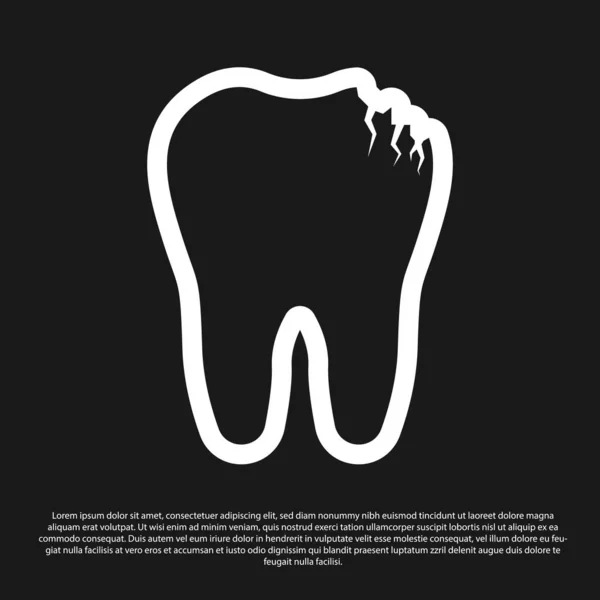 Icono de diente roto negro aislado sobre fondo negro. Icono problema dental. Símbolo de cuidado dental. Ilustración vectorial — Archivo Imágenes Vectoriales
