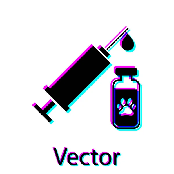 Schwarze Spritze mit Pet Impfstoff Symbol isoliert auf weißem Hintergrund. Pfotenabdruck für Hund oder Katze. Vektorillustration — Stockvektor