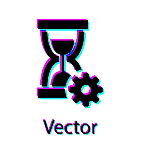 Svart timglas och kugghjulsikon isolerad på vit bakgrund. Symbol för Tidshantering. Klock-och kugghjulsikonen. Produktivitets symbolen. Vektor illustration — Stock vektor