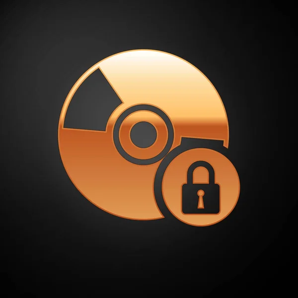 Disco de CD o DVD dorado con icono de candado cerrado aislado sobre fondo negro. Signo de disco compacto. Seguridad, seguridad, concepto de protección. Ilustración vectorial — Vector de stock