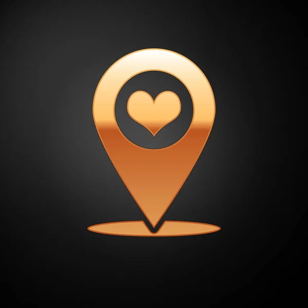 Gold Map pointer with heart icon isolated on black background. Vector Illustration — Stock Vector