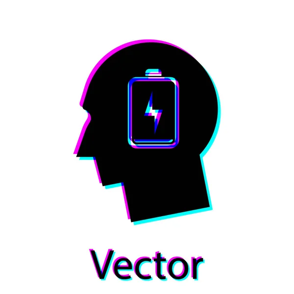 Svart hane huvud med låg batteriikon isolerad på vit bakgrund. Trött man. Vektor illustration — Stock vektor