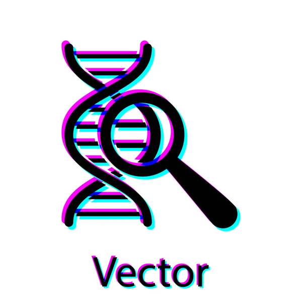 Ricerca sul DNA nero, icona di ricerca isolata su sfondo bianco. Lente d'ingrandimento e catena del DNA. Ingegneria genetica, clonazione, test di paternita '. Illustrazione vettoriale — Vettoriale Stock