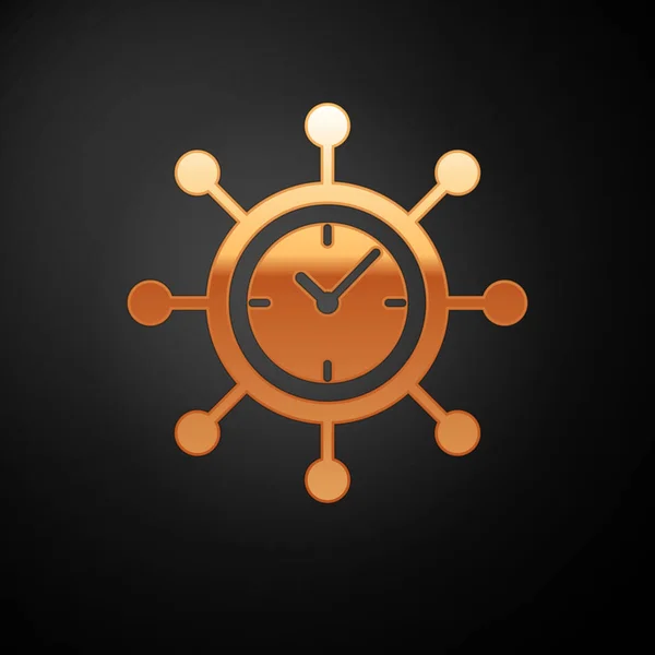 Reloj de oro y engranaje icono aislado sobre fondo negro. Símbolo de gestión del tiempo. Concepto de negocio. Hub y radios e icono de reloj sólido. Ilustración vectorial — Vector de stock