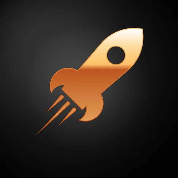 Gold Rocket ship with fire icon isolated on black background. Space travel. Vector Illustration