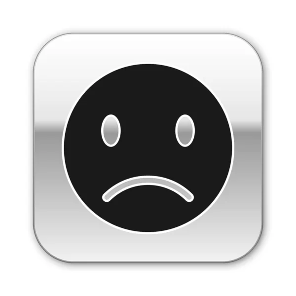 Zwarte trieste glimlach pictogram geïsoleerd op witte achtergrond. Emoticon gezicht. Zilveren vierkante knop. Vector illustratie — Stockvector