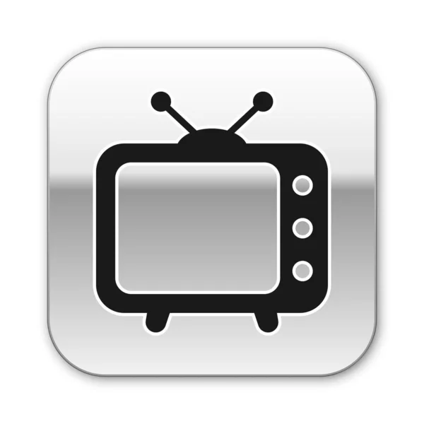 Icono de TV negro aislado sobre fondo blanco. Señal de televisión. Botón cuadrado plateado. Ilustración vectorial — Vector de stock