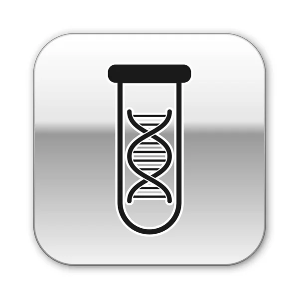 Investigación de ADN negro, icono de búsqueda aislado sobre fondo blanco. Ingeniería genética, pruebas genéticas, clonación, pruebas de paternidad. Botón cuadrado plateado. Ilustración vectorial — Vector de stock