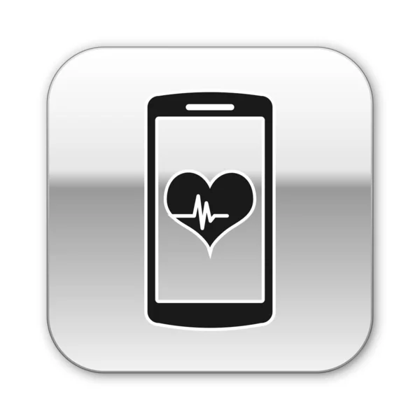 Μαύρο smartphone με εικονίδιο λειτουργίας παρακολούθησης καρδιακών παλμών απομονώνεται σε λευκό φόντο. Ασημί τετράγωνο κουμπί. Απεικόνιση διανυσματικών φορέων — Διανυσματικό Αρχείο