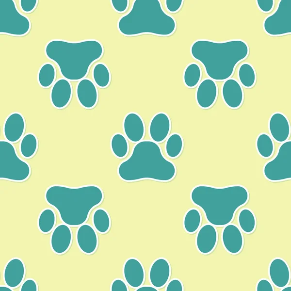 Green Paw print icon isolated seamless pattern on yellow background. Dog or cat paw print. Animal track. Vector Illustration