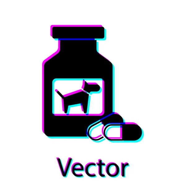 Schwarze Hundearznei-Flasche und Pillen-Symbol isoliert auf weißem Hintergrund. Behälter mit Pillen. Verschreibungspflichtige Medikamente für Tiere. Vektorillustration — Stockvektor