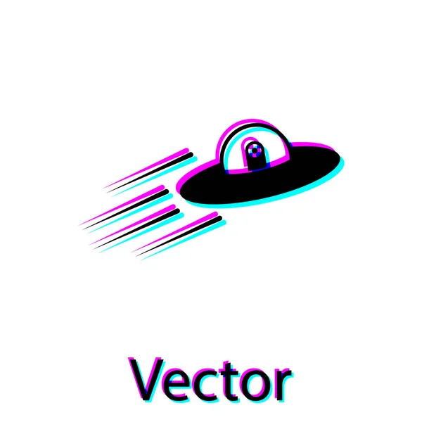 Nave espacial voadora OVNI preta e ícone alienígena isolado no fundo branco. Um disco voador. Nave espacial alienígena. Objeto voador desconhecido futurista. Ilustração vetorial — Vetor de Stock