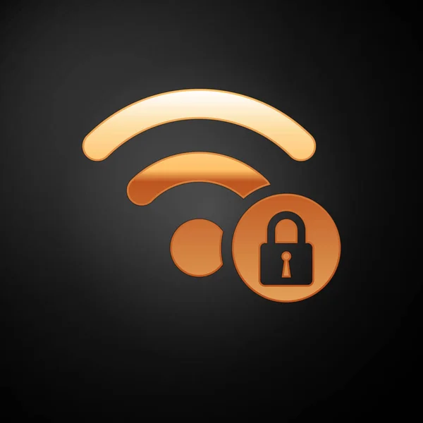 Icône de signe verrouillé Wifi or isolé sur fond noir. Mot de passe symbole Wi-Fi. icône de réseau sans fil. Zone Wifi. Illustration vectorielle — Image vectorielle